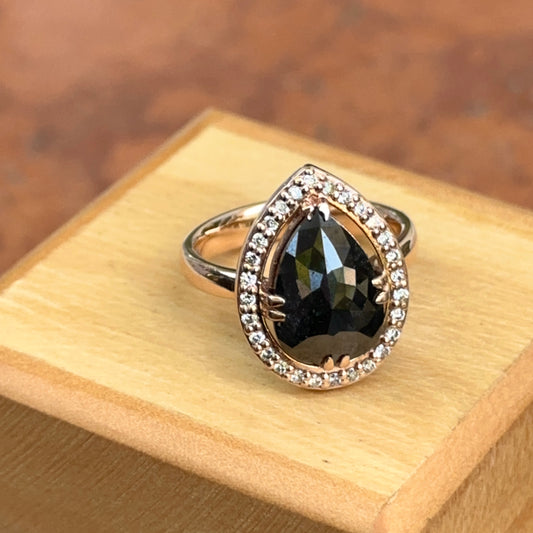 14KT Rose Gold Paul Klecka Pear Black Diamond + Diamond Halo Ring