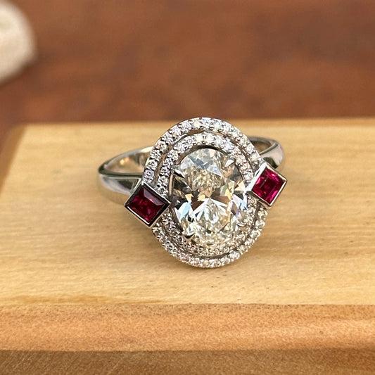 Estate 18KT White Gold Oval Lab Diamond Halo + Ruby Ring