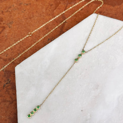 Estate 14KT Yellow Gold Bezel Emerald Lariat Necklace