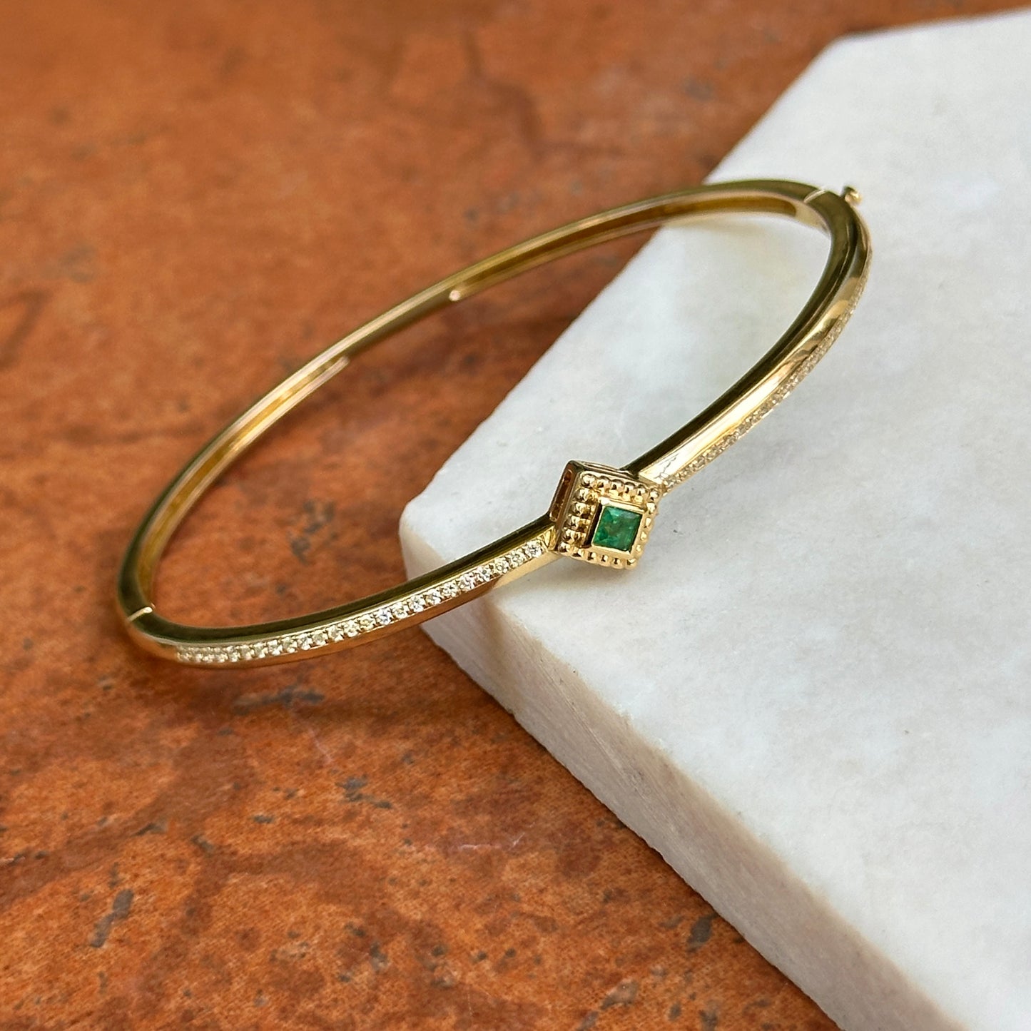Vintage 14KT Yellow Gold Square Invisible Set Emerald + Diamond Bangle Bracelet
