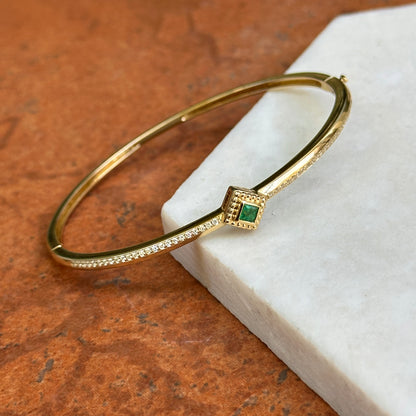 Vintage 14KT Yellow Gold Square Invisible Set Emerald + Diamond Bangle Bracelet