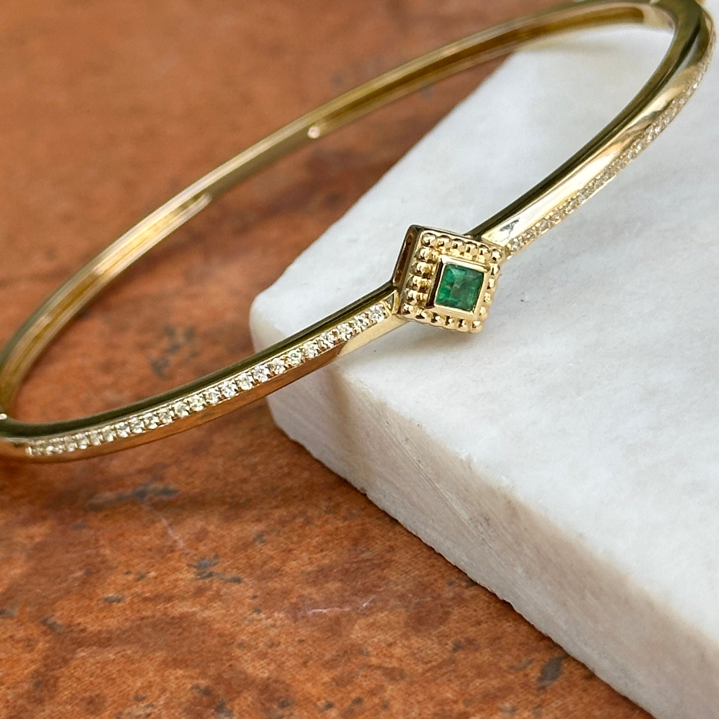 Vintage 14KT Yellow Gold Square Invisible Set Emerald + Diamond Bangle Bracelet