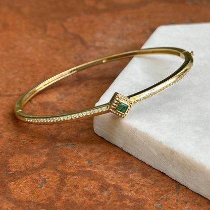 Vintage 14KT Yellow Gold Square Invisible Set Emerald + Diamond Bangle Bracelet