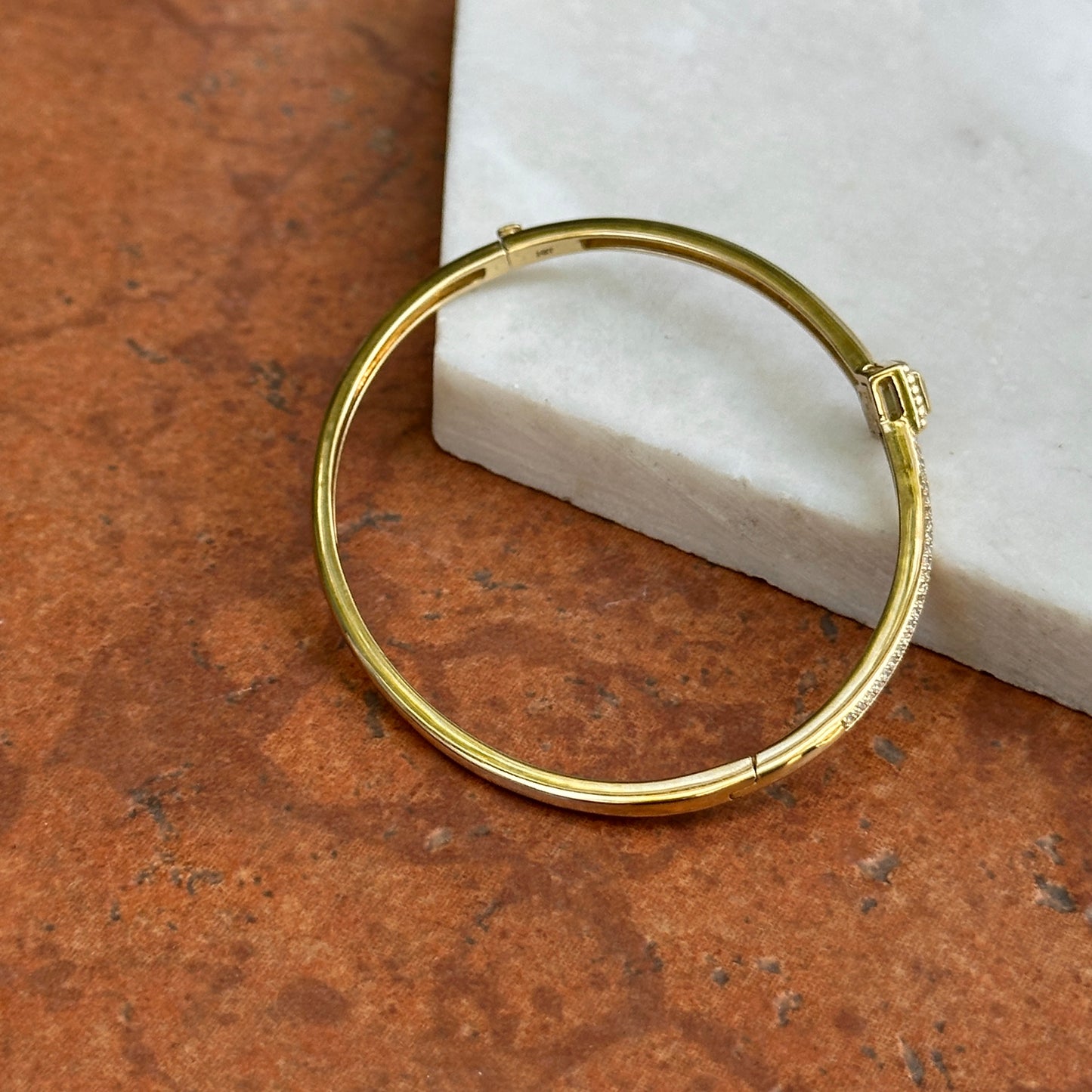 Vintage 14KT Yellow Gold Square Invisible Set Emerald + Diamond Bangle Bracelet