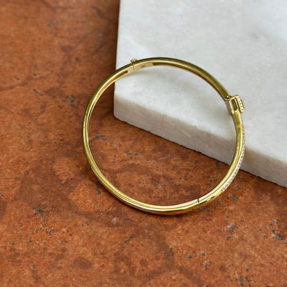 Vintage 14KT Yellow Gold Square Invisible Set Emerald + Diamond Bangle Bracelet