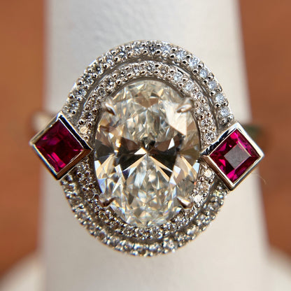 Estate 18KT White Gold Oval Lab Diamond Halo + Ruby Ring