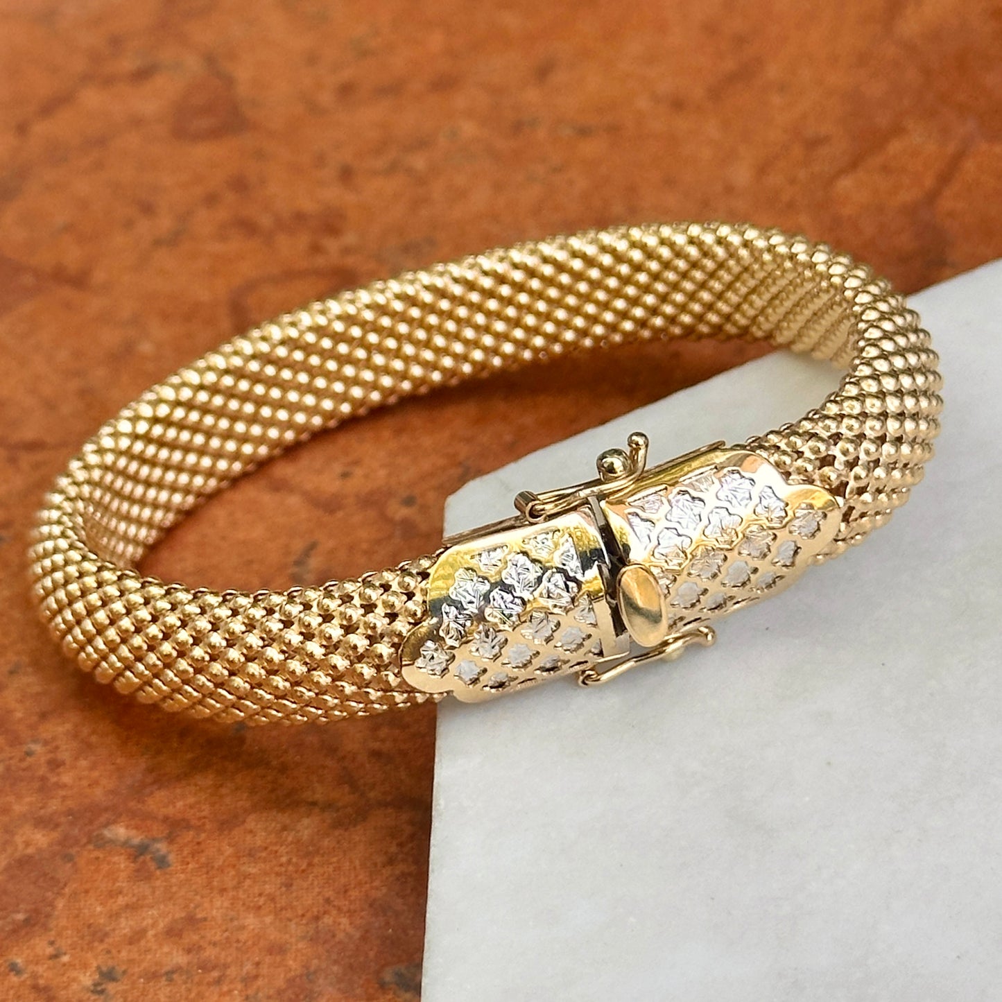 Estate 14KT Yellow Gold + White Gold Popcorn Mesh Bracelet
