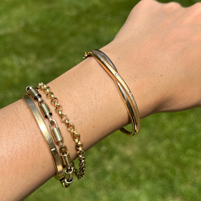 Estate 14KT Yellow Gold Gypsy Diamond Matte & Shiny Bangle Bracelet