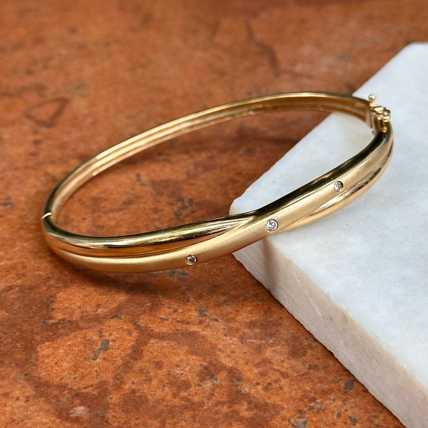 Estate 14KT Yellow Gold Gypsy Diamond Matte & Shiny Bangle Bracelet