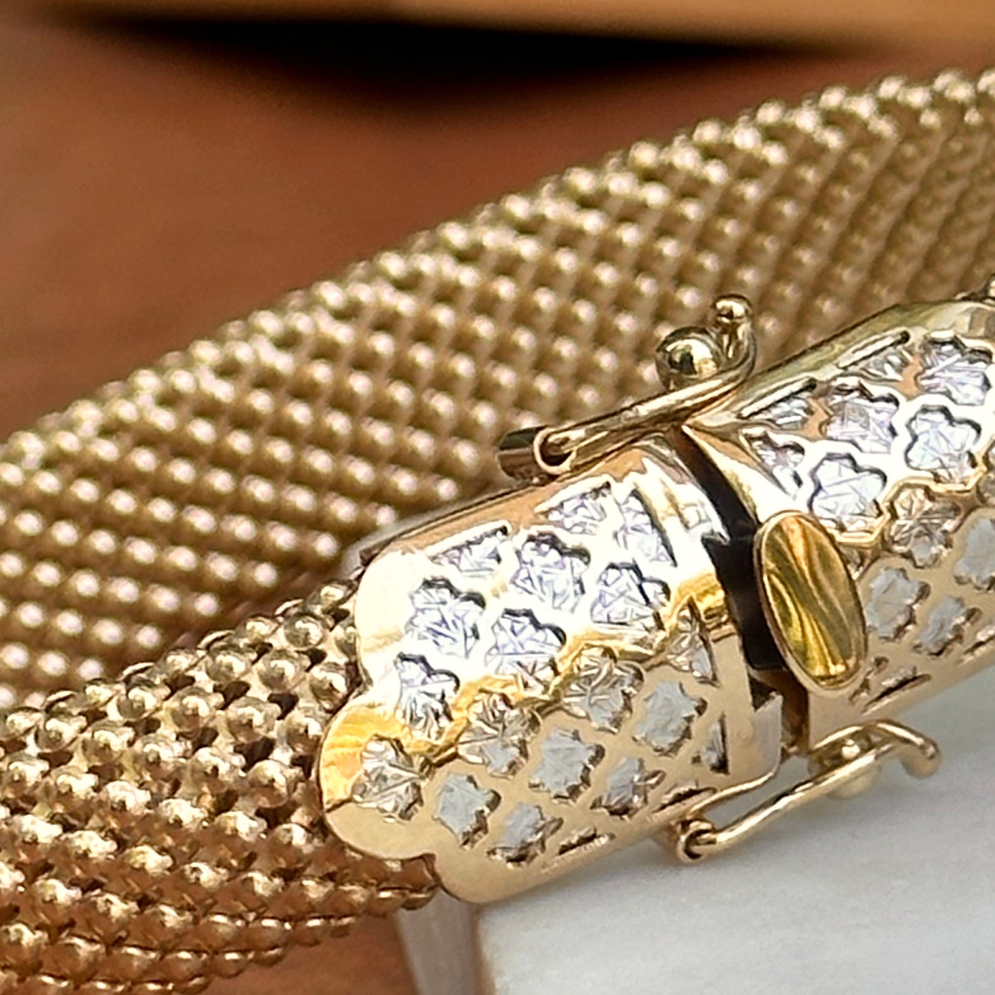 Estate 14KT Yellow Gold + White Gold Popcorn Mesh Bracelet