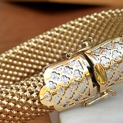 Estate 14KT Yellow Gold + White Gold Popcorn Mesh Bracelet