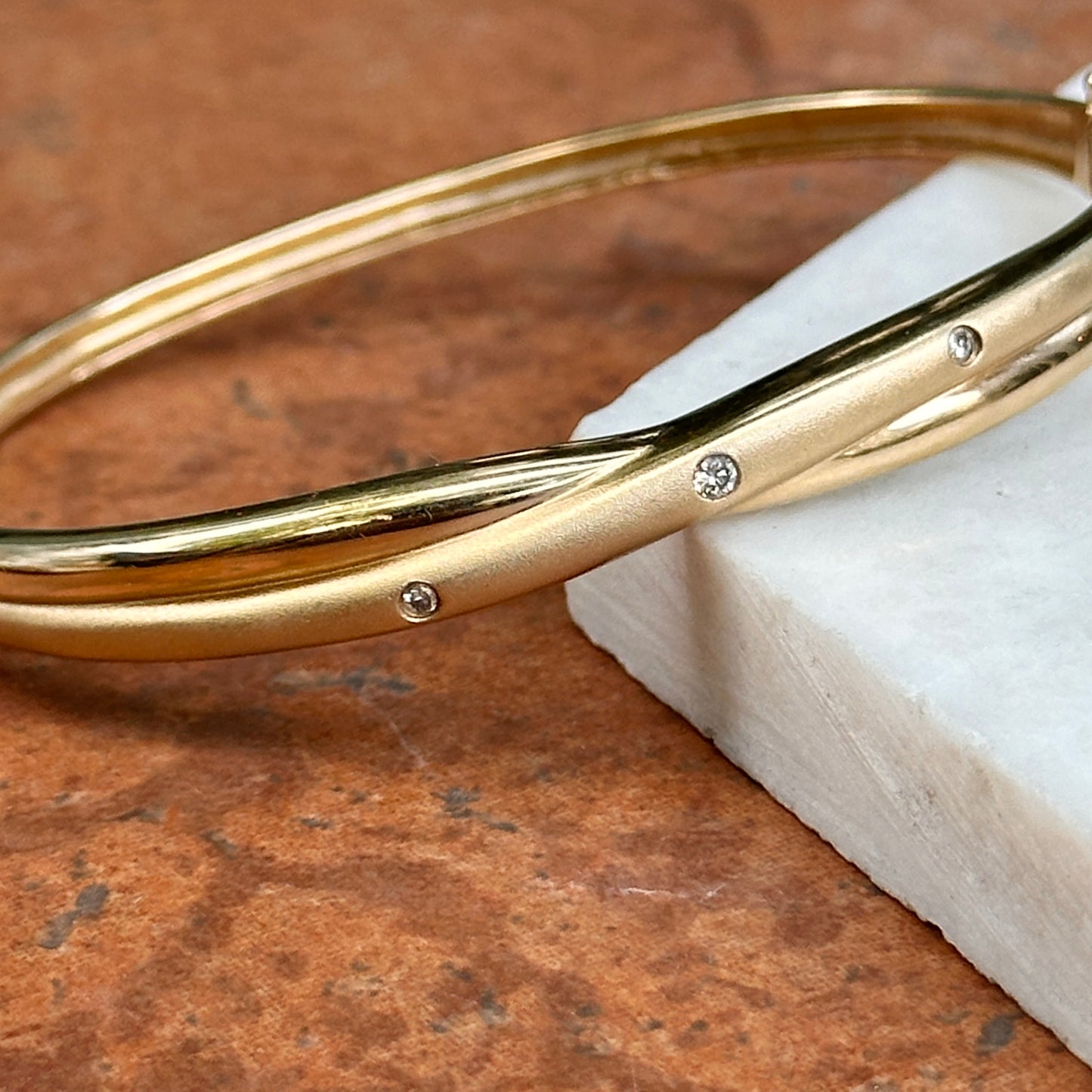 Estate 14KT Yellow Gold Gypsy Diamond Matte & Shiny Bangle Bracelet
