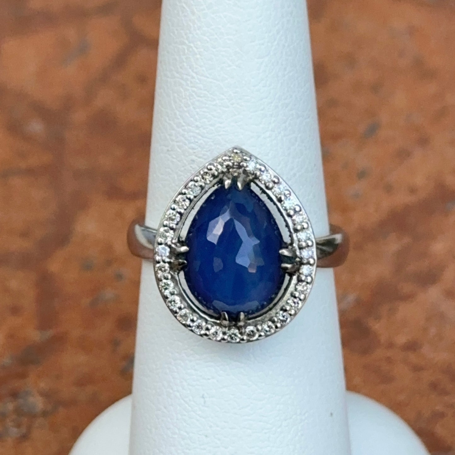 14KT White Gold  Paul Klecka Pear Blue Sapphire + Diamond Halo Ring