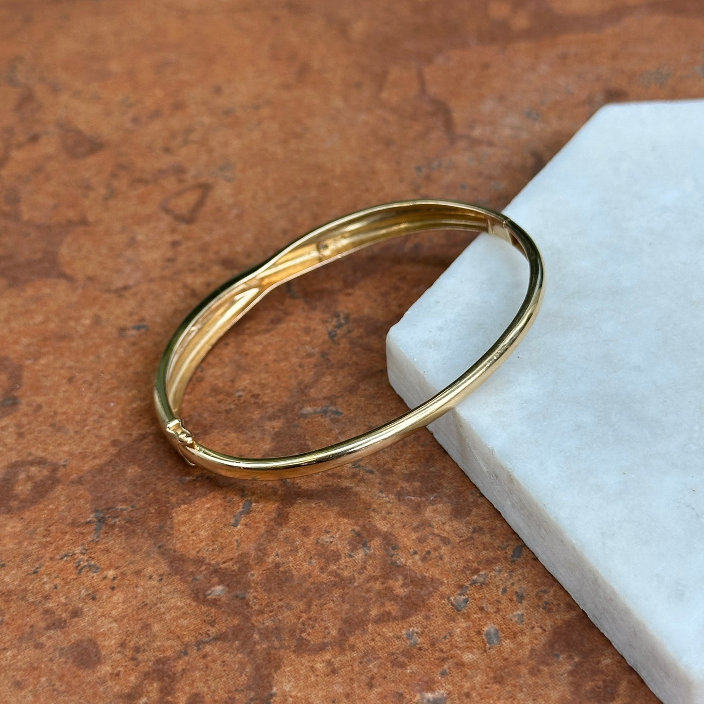 Estate 14KT Yellow Gold Gypsy Diamond Matte & Shiny Bangle Bracelet