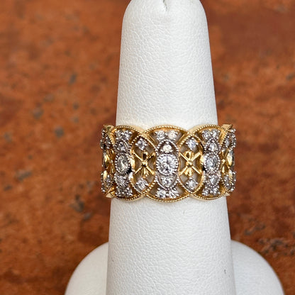Estate 14KT White + Yellow Gold Diamond Filigree Band Ring