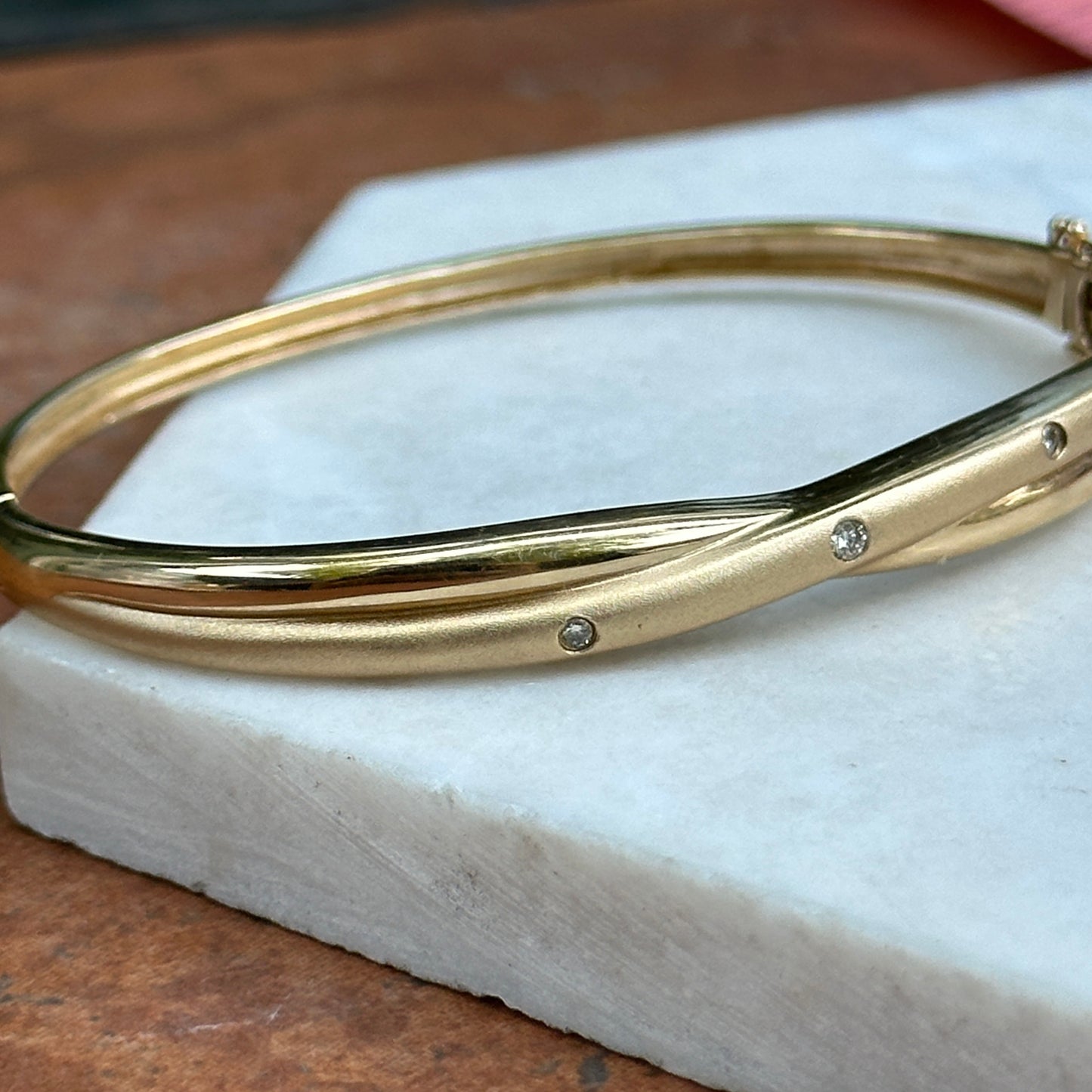 Estate 14KT Yellow Gold Gypsy Diamond Matte & Shiny Bangle Bracelet