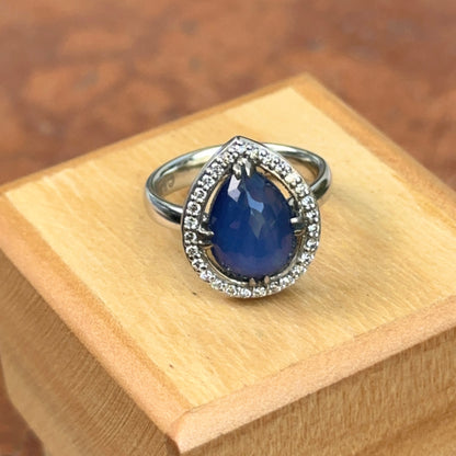 14KT White Gold  Paul Klecka Pear Blue Sapphire + Diamond Halo Ring