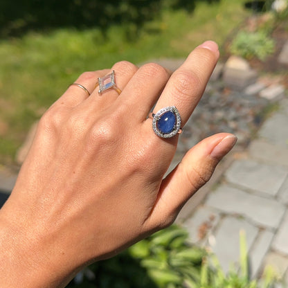 14KT White Gold  Paul Klecka Pear Blue Sapphire + Diamond Halo Ring