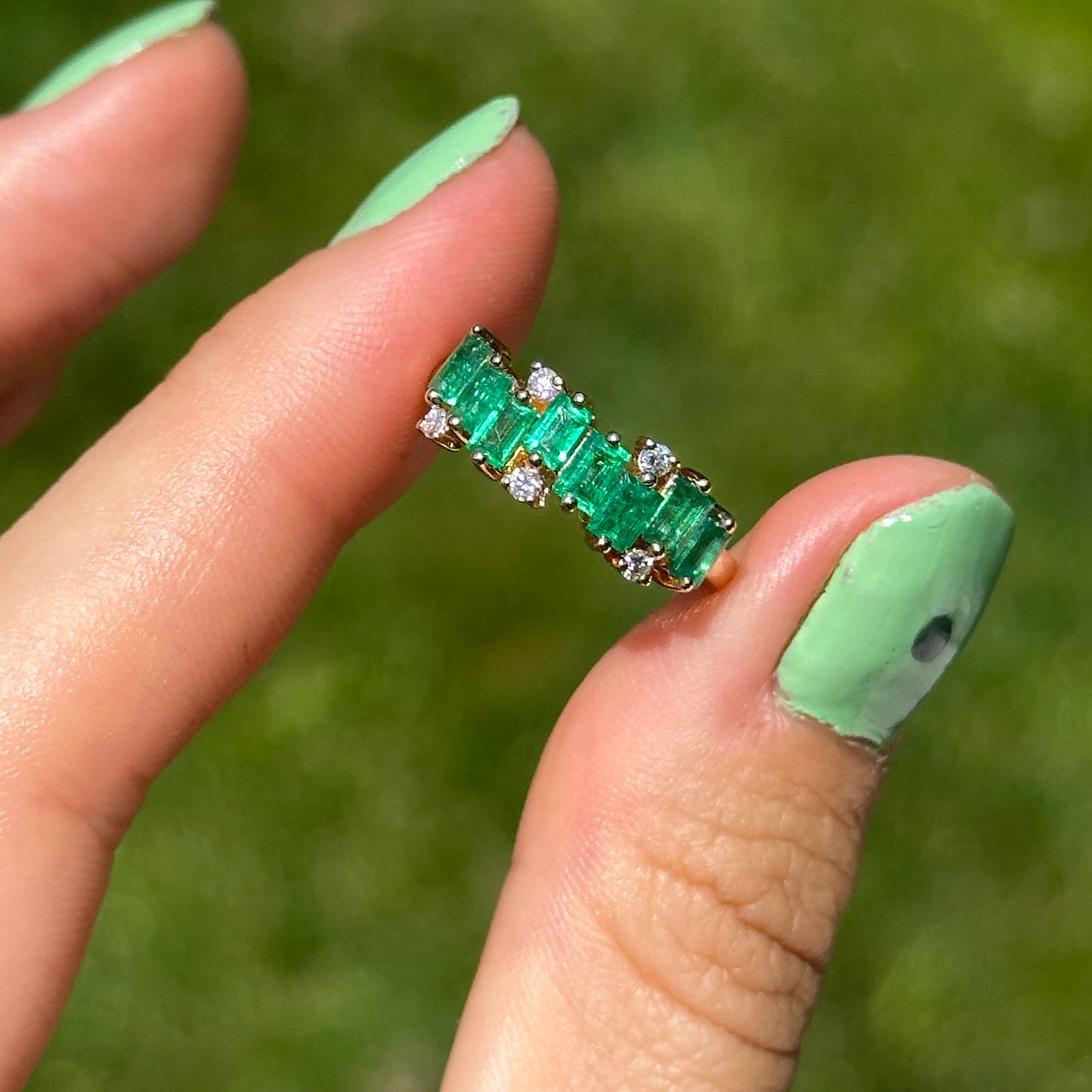 Estate 14KT Yellow Gold Baguette Emerald + Diamond Ring