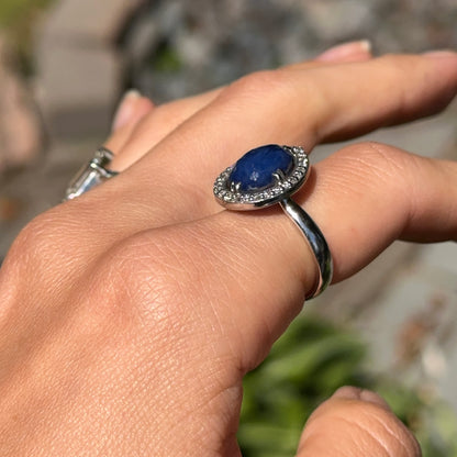 14KT White Gold  Paul Klecka Pear Blue Sapphire + Diamond Halo Ring