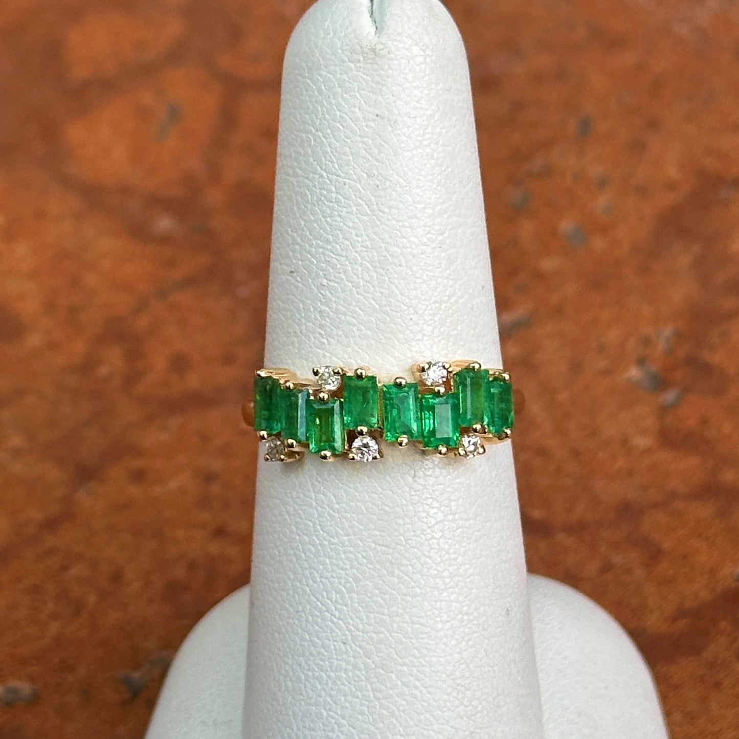 Estate 14KT Yellow Gold Baguette Emerald + Diamond Ring