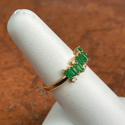 Estate 14KT Yellow Gold Baguette Emerald + Diamond Ring
