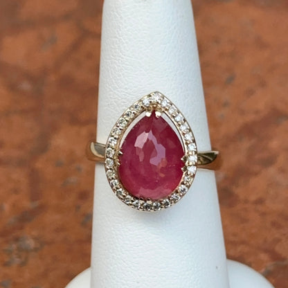 14KT Yellow Gold Paul Klecka Pear Rose Cut Ruby + Diamond Halo Ring