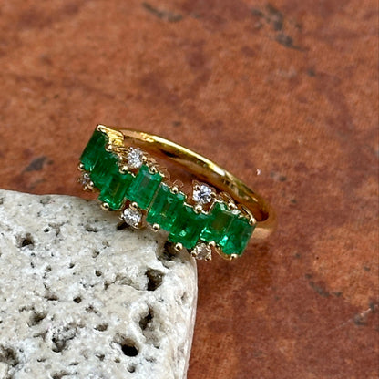 Estate 14KT Yellow Gold Baguette Emerald + Diamond Ring