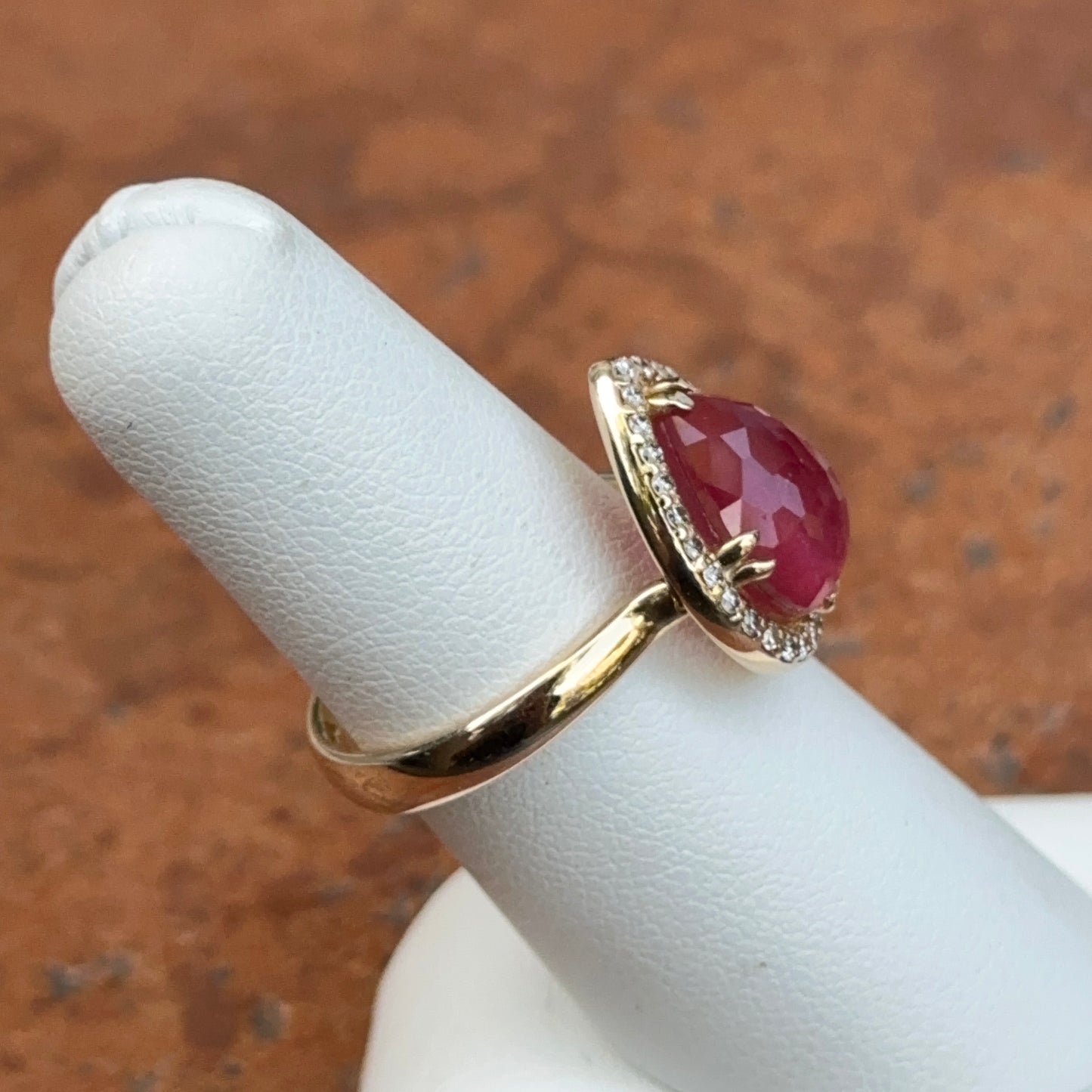 14KT Yellow Gold Paul Klecka Pear Rose Cut Ruby + Diamond Halo Ring