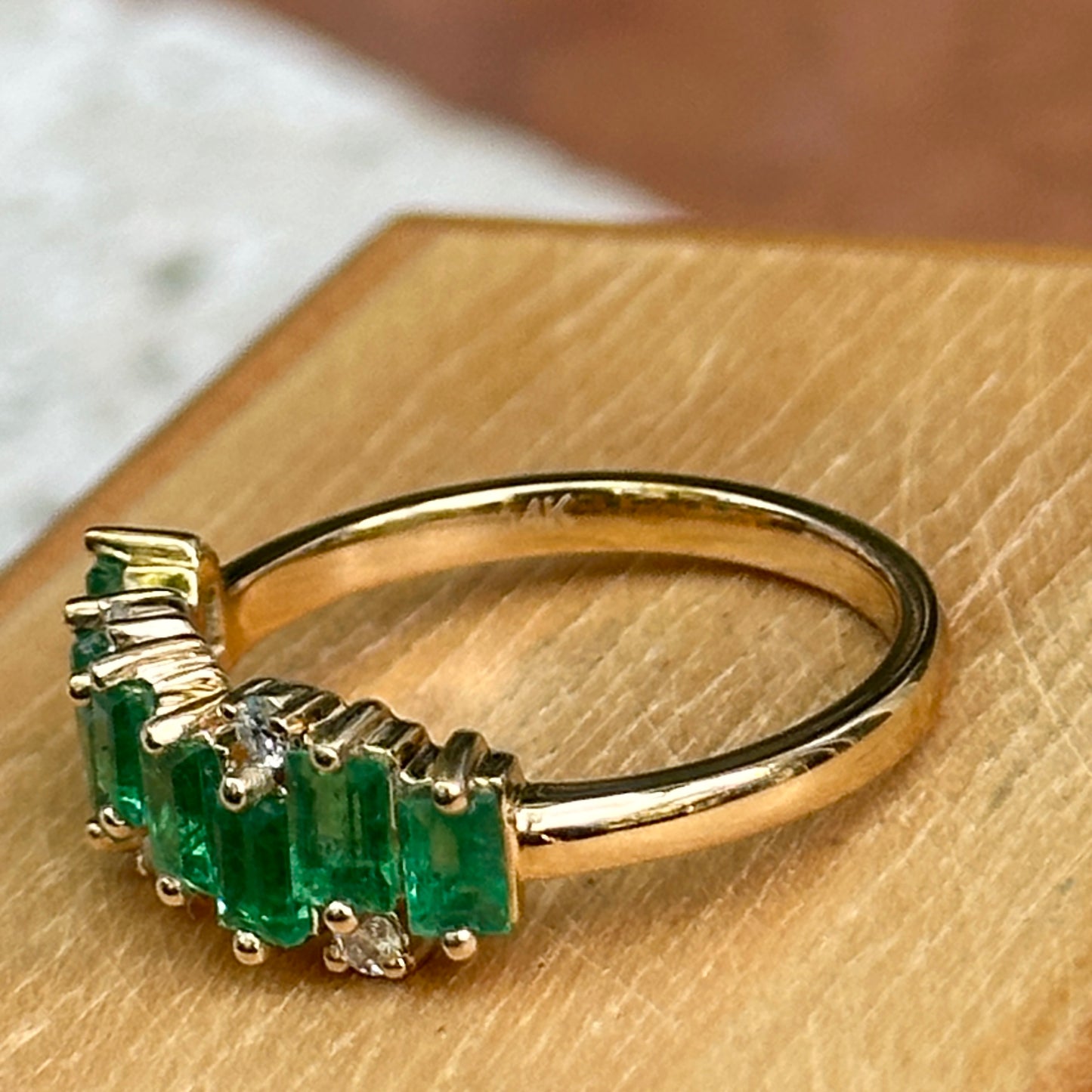 Estate 14KT Yellow Gold Baguette Emerald + Diamond Ring