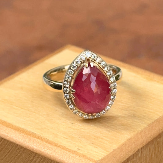 14KT Yellow Gold Paul Klecka Pear Rose Cut Ruby + Diamond Halo Ring