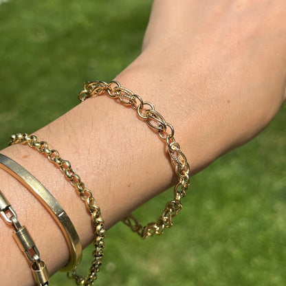 Estate 18KT Yellow Gold Textured + Shiny Rounded Multi Ovals Circle Link Bracelet