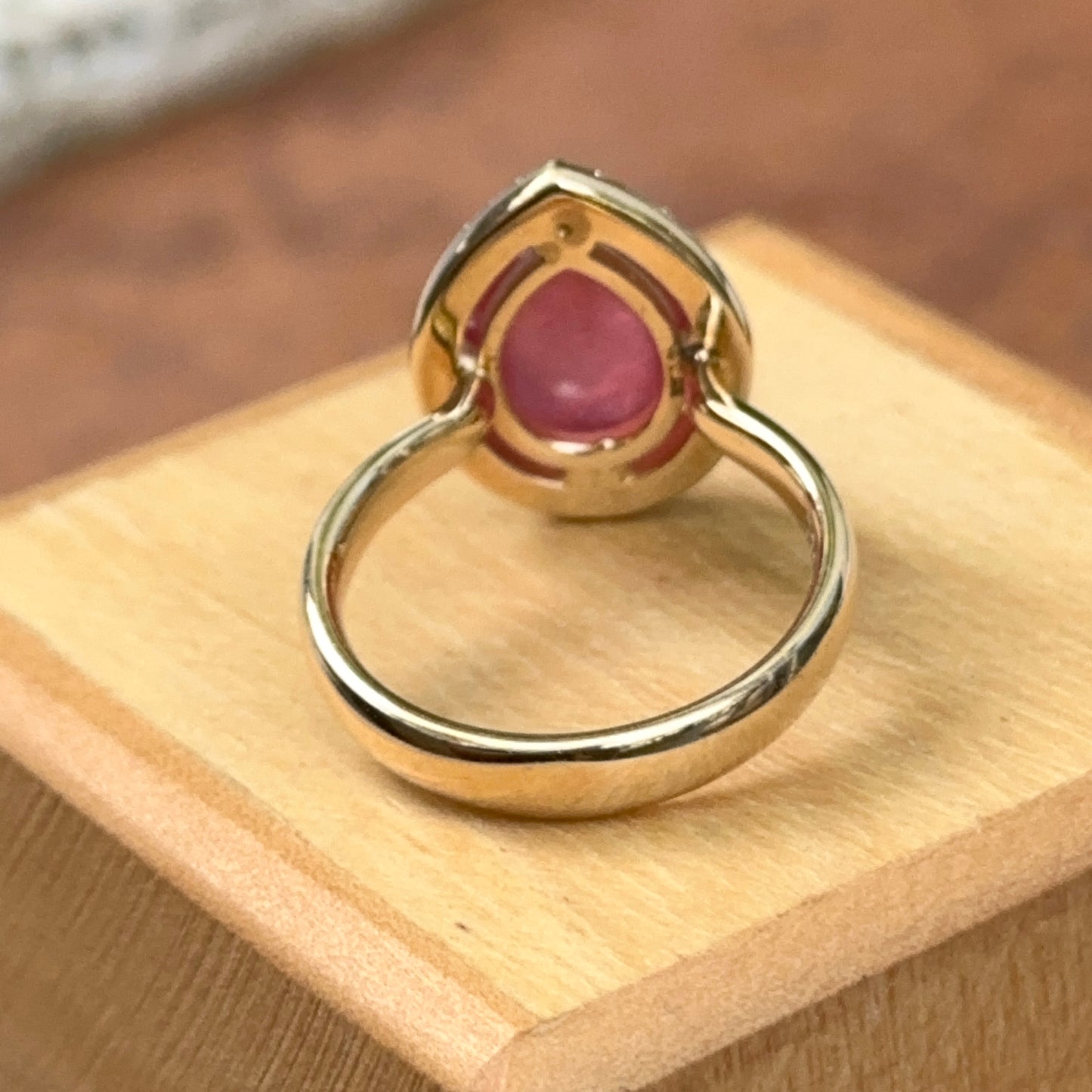 14KT Yellow Gold Paul Klecka Pear Rose Cut Ruby + Diamond Halo Ring