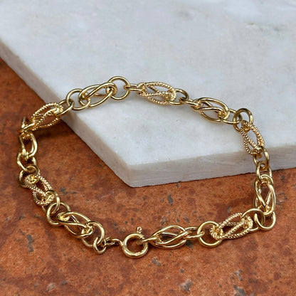 Estate 18KT Yellow Gold Textured + Shiny Rounded Multi Ovals Circle Link Bracelet