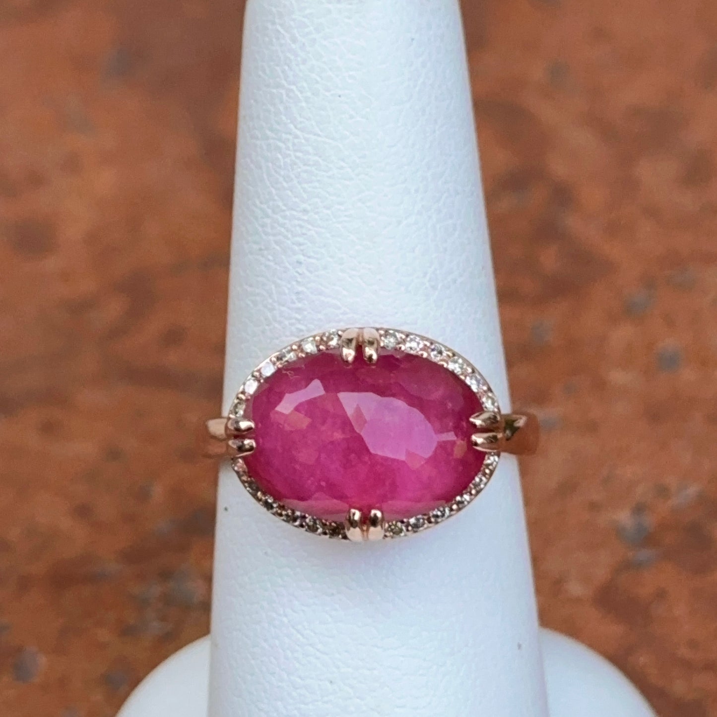 14KT Rose Gold Paul Klecka Oval Ruby + Diamond Halo East West Ring