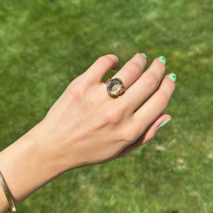 Estate 14KT Yellow Gold Faceted Frosted Green Amethyst + Diamond Ring