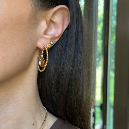 Estate 18KT Yellow Gold Pear Citrine Beaded Hoop Earrings