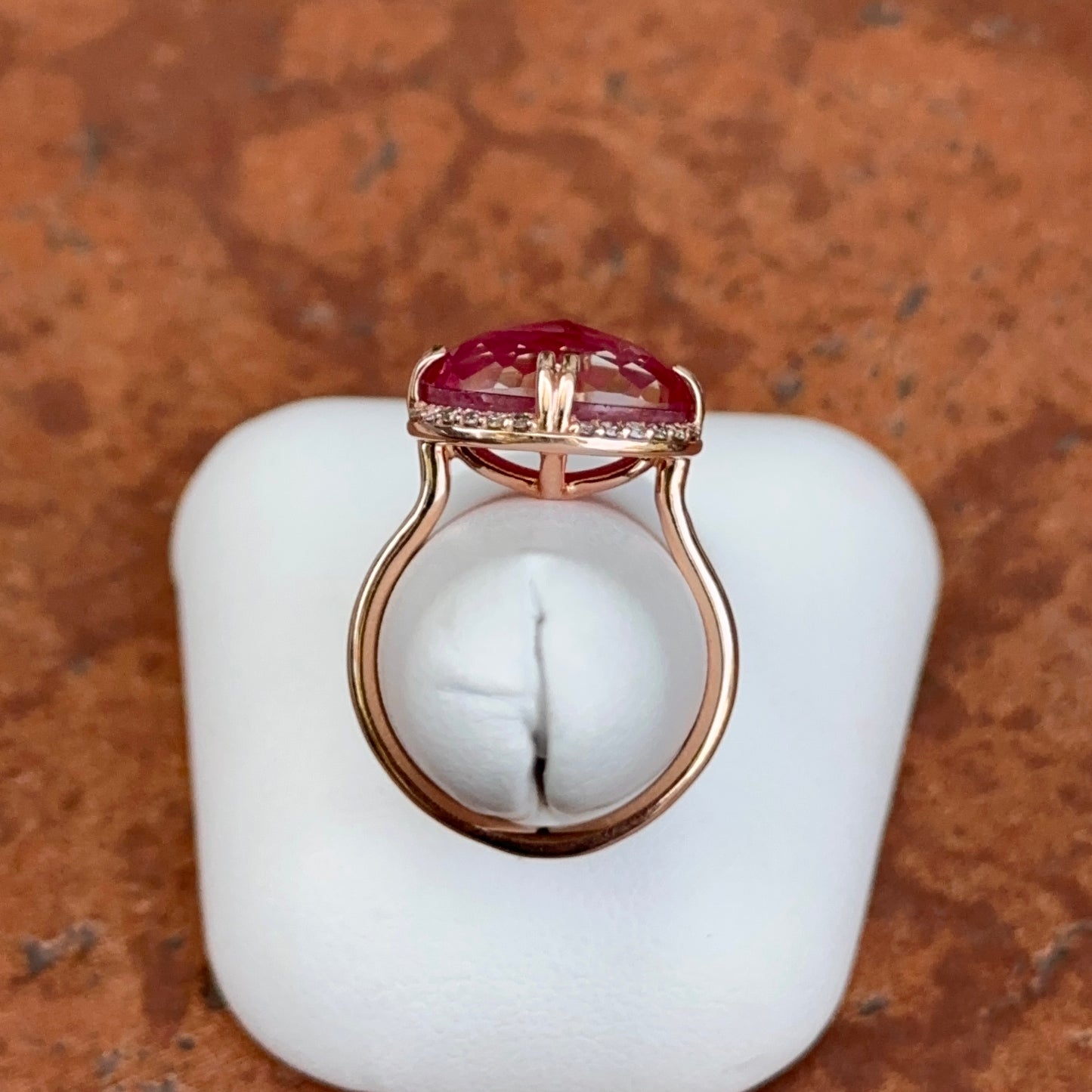 14KT Rose Gold Paul Klecka Oval Ruby + Diamond Halo East West Ring