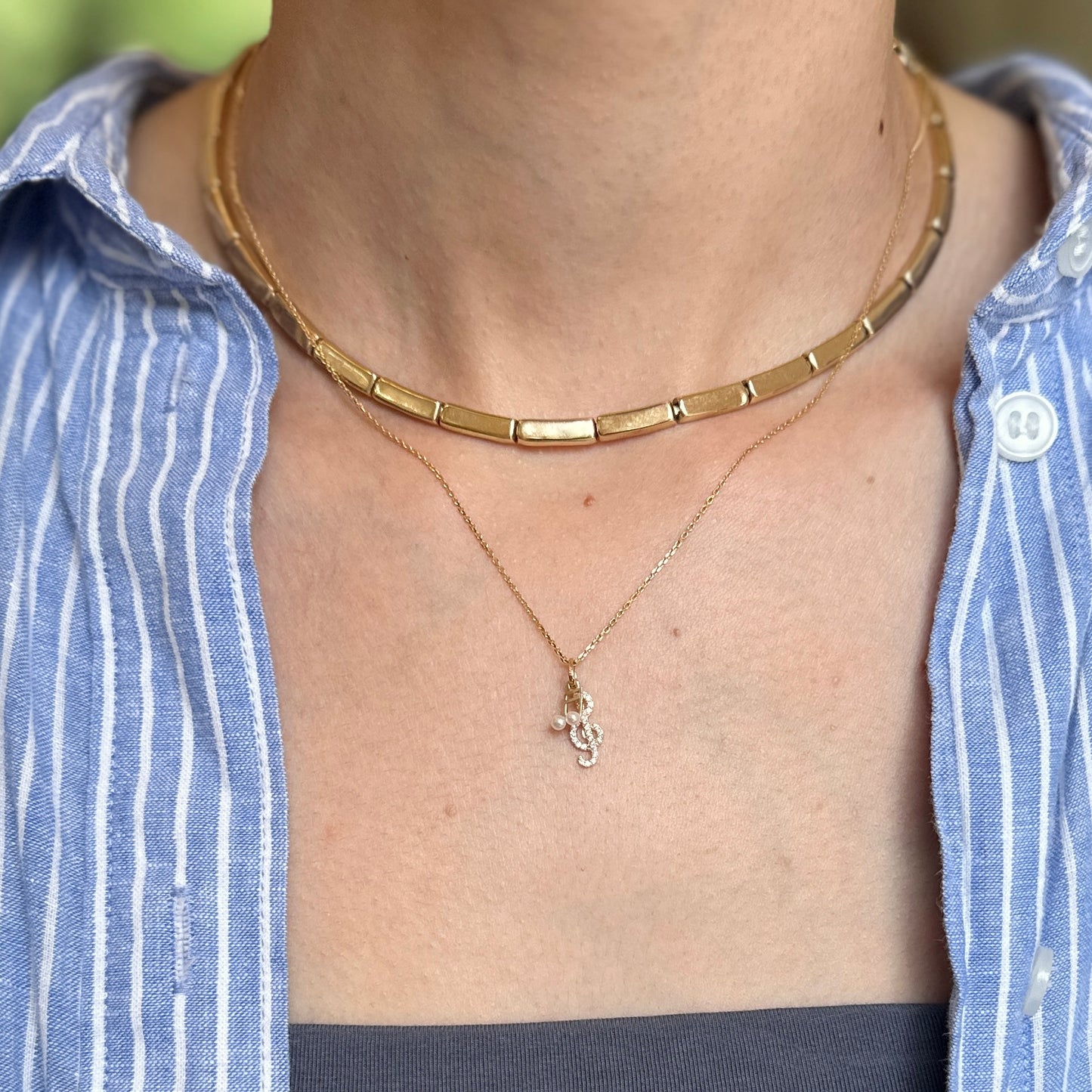 14KT Yellow Gold Freshwater Cultured Pearl Music Note + CZ Treble Clef Charm Pendant