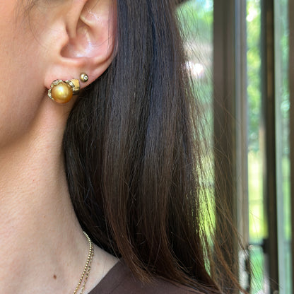 Estate 18KT Yellow Gold Golden Pearl Stud Earrings + Diamond Jackets