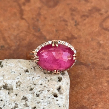 14KT Rose Gold Paul Klecka Oval Ruby + Diamond Halo East West Ring