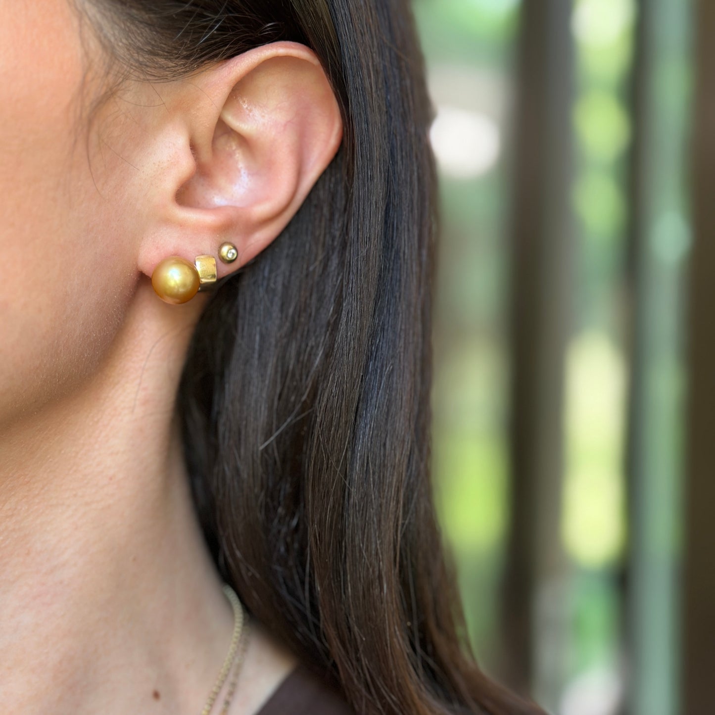 Estate 18KT Yellow Gold Golden Pearl Stud Earrings + Diamond Jackets