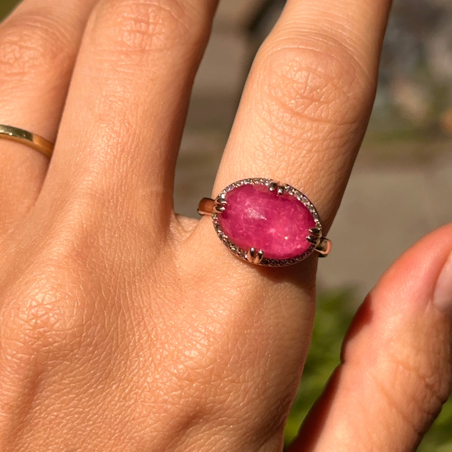 14KT Rose Gold Paul Klecka Oval Ruby + Diamond Halo East West Ring