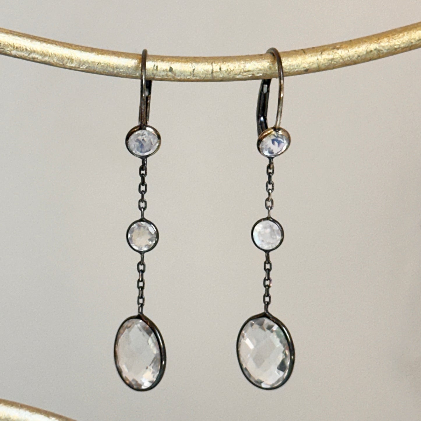 Estate 14KT Yellow Gold + Black Rhodium Crystal + Moonstone Earrings - LSJ