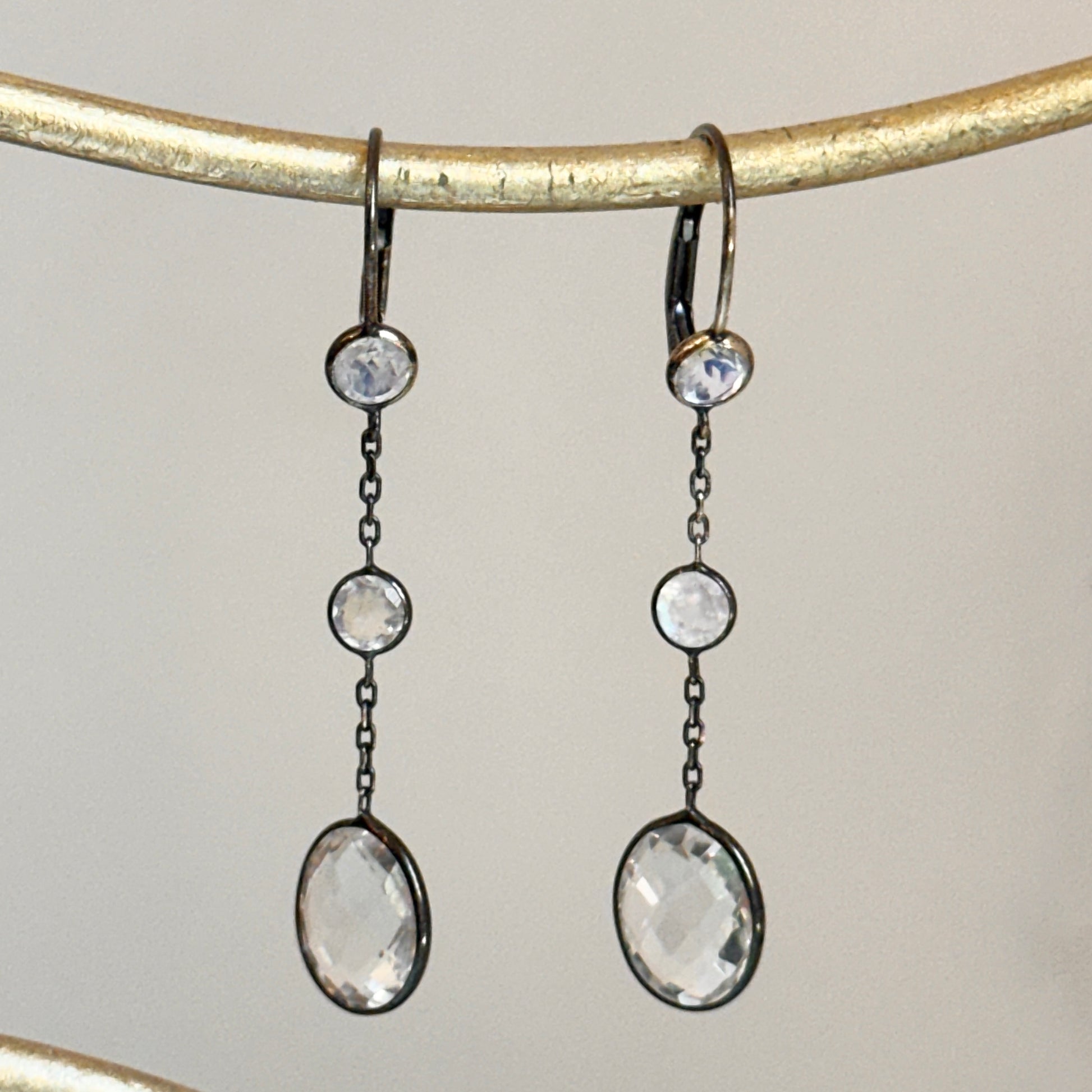 Estate 14KT Yellow Gold + Black Rhodium Crystal + Moonstone Earrings - LSJ