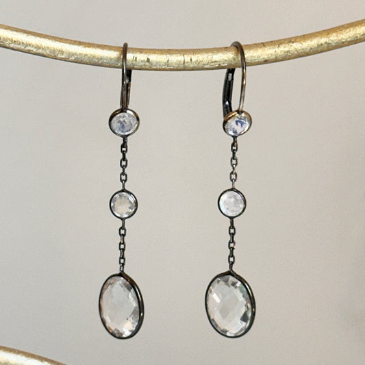 Estate 14KT Yellow Gold + Black Rhodium Crystal + Moonstone Earrings