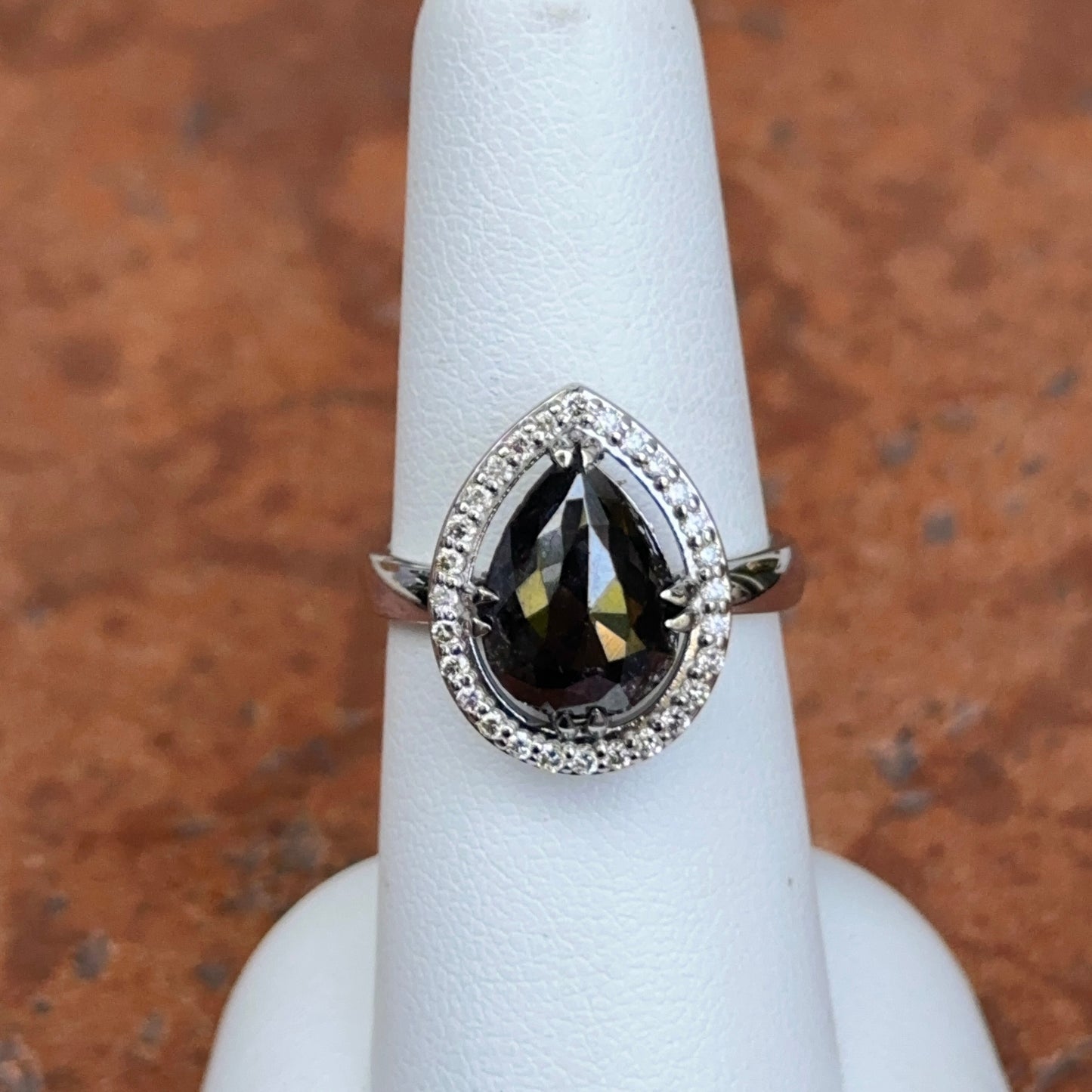 14KT White Gold Paul Klecka Pear Black Diamond + White Diamond Halo Ring