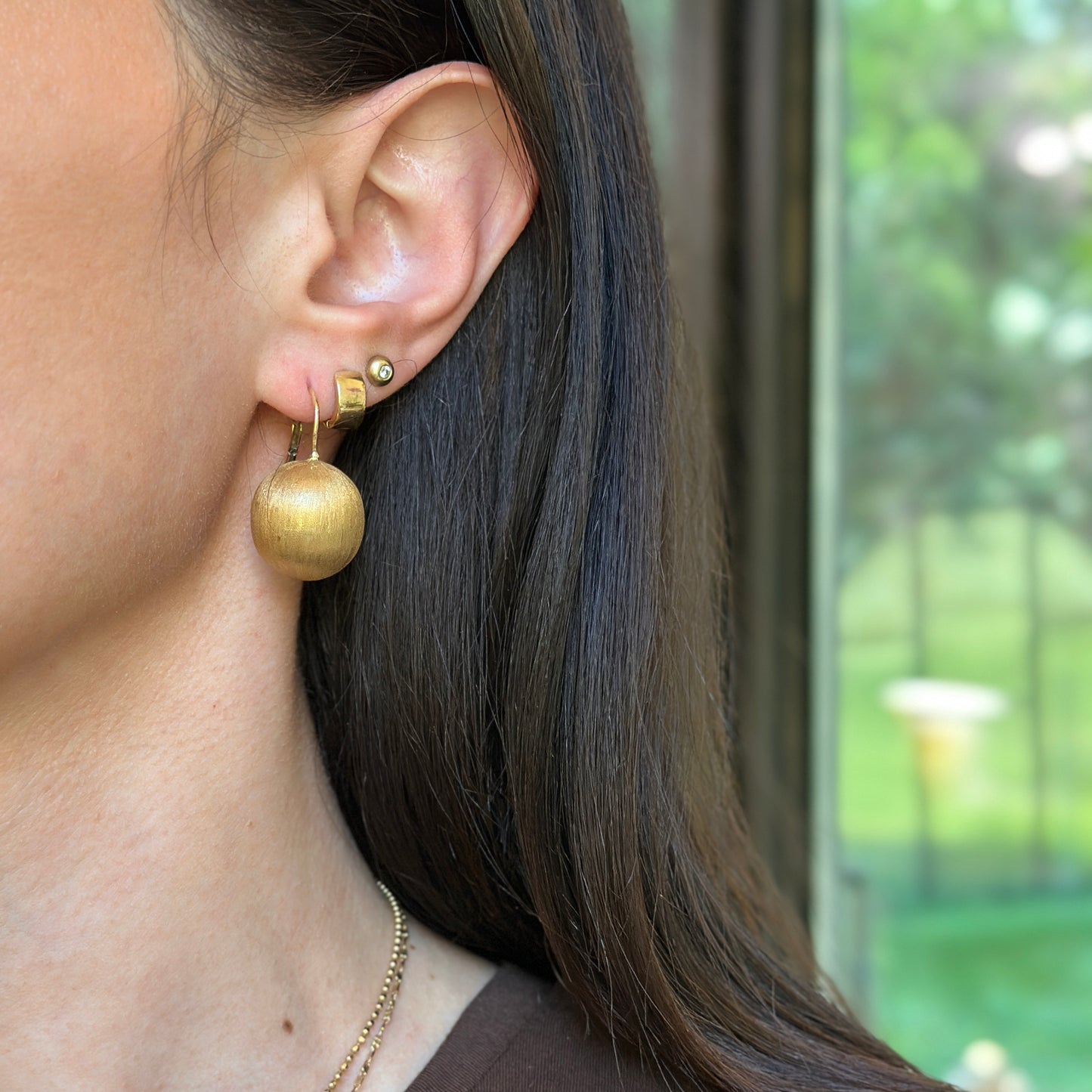 Estate 14KT Yellow Gold Matte 18mm Ball Lever Back Earrings