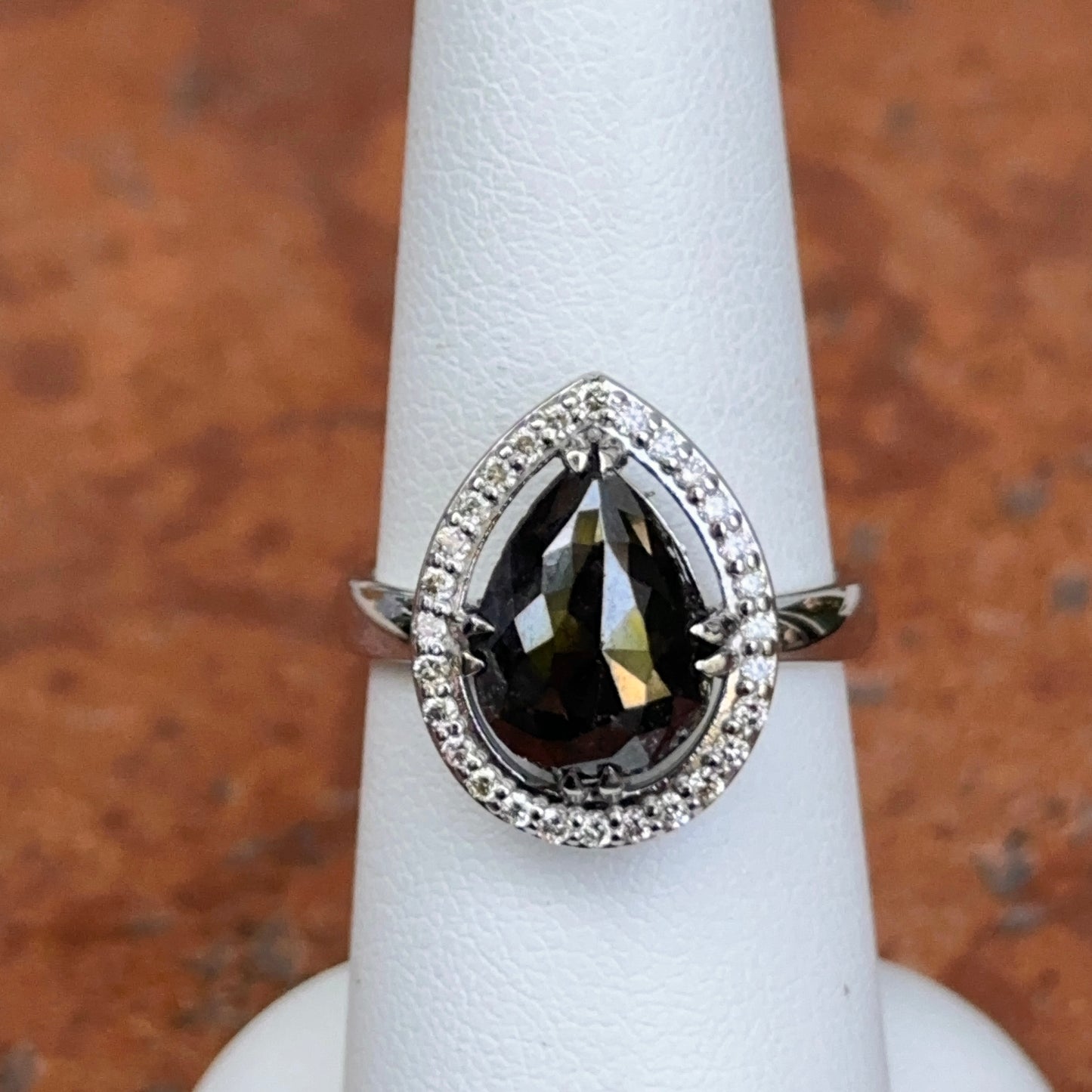 14KT White Gold Paul Klecka Pear Black Diamond + White Diamond Halo Ring