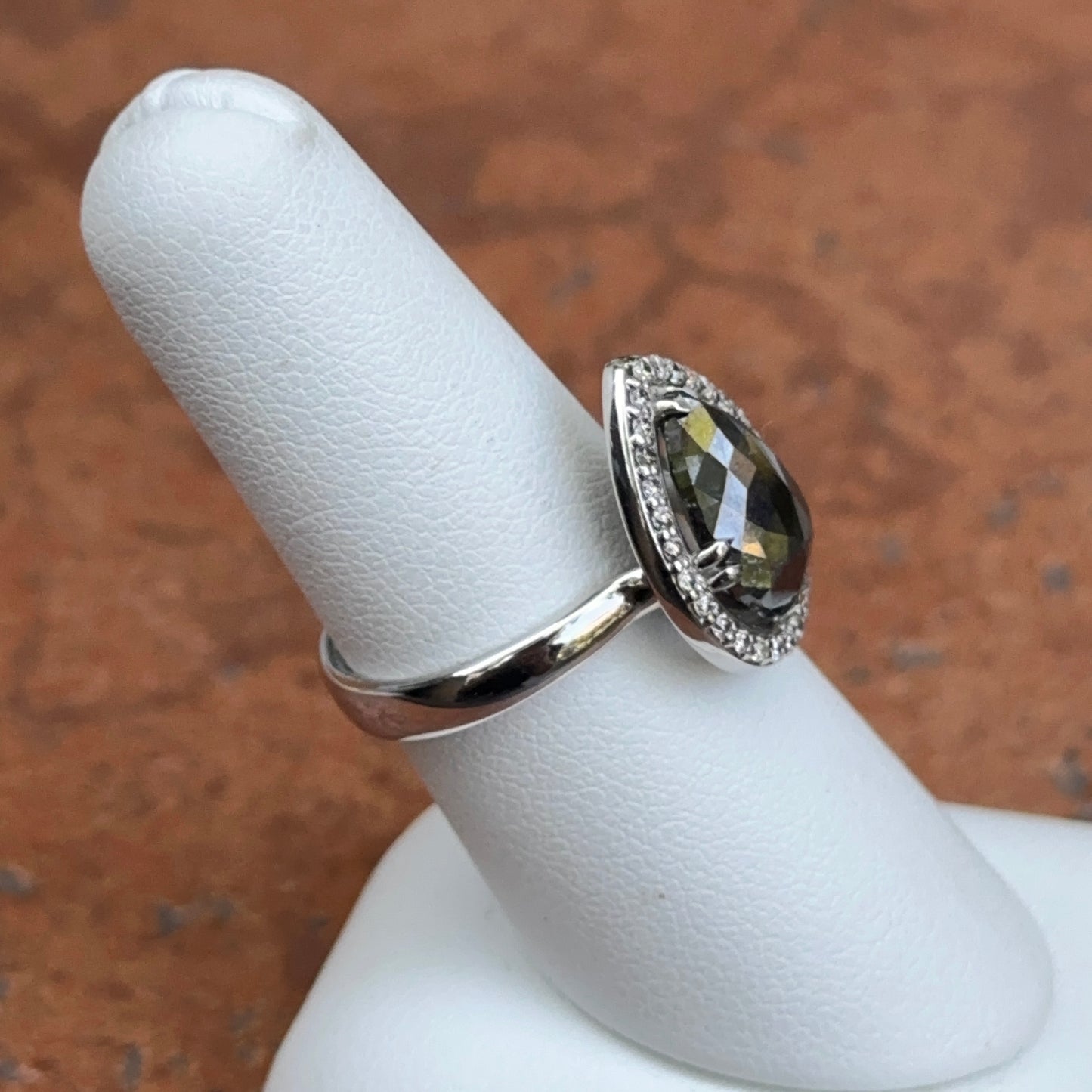 14KT White Gold Paul Klecka Pear Black Diamond + White Diamond Halo Ring